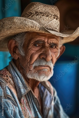 An elderly man wearing a classic straw hat. Suitable for depicting a wise or experienced character. Can be used in various themes and settings