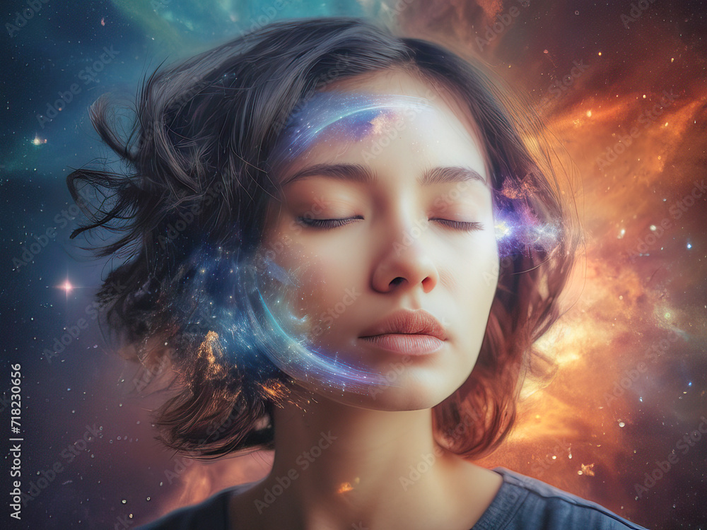 Double exposure portrait of a young woman with her eye closed with galaxy space inside her head. Inner world of a person, star fire, zen life girl love, rpa ai concept. Mystic. Esoterics. Double exposure portrait of a young woman with her eye closed with galaxy space inside her head. Inner world of a person, star fire, zen life girl love, rpa ai concept. Mystic. Esoterics.