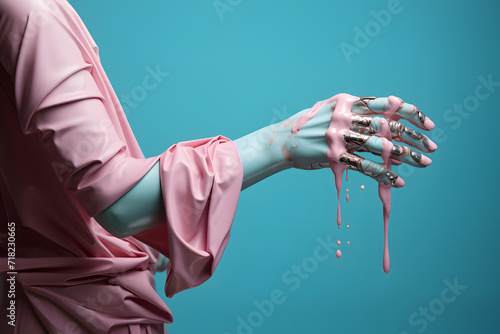 A woman's hand in a torn sleeve, blue skin color, pink color dripping from the fingers.