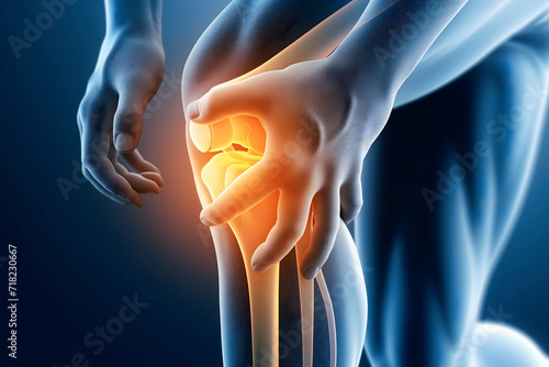 Painful Knee X-Ray, One Healthy And One Injured Knee, Meniscal Tear Concept, Man Holds Pain Spot In Knee photo