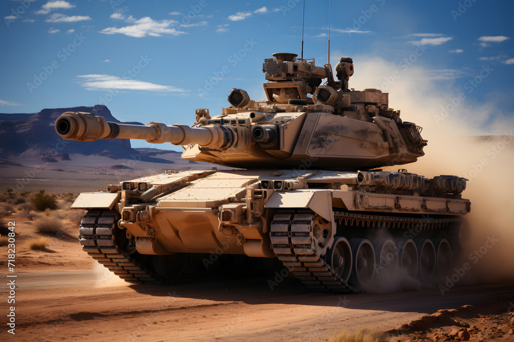 Modern tank on the battlefield, armed with a huge cannon Modern tank on the battlefield, armed with a huge cannon