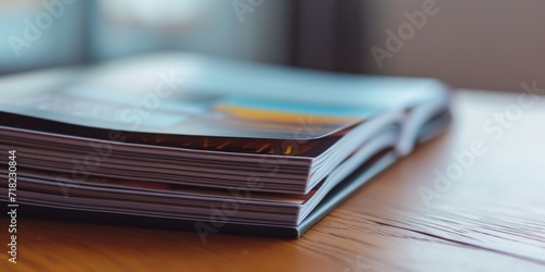 A stack of magazines sitting on top of a wooden table. Perfect for articles, reading, and publishing concepts photo