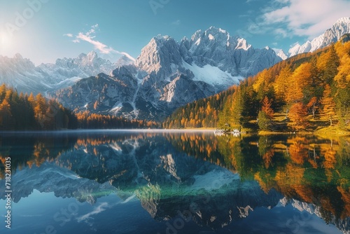 Calm morning view of Fusine lake. Colorful summer sunrise in Julian Alps with Mangart peak on background  Province of Udine  Italy  Europe. Beauty of nature concept background