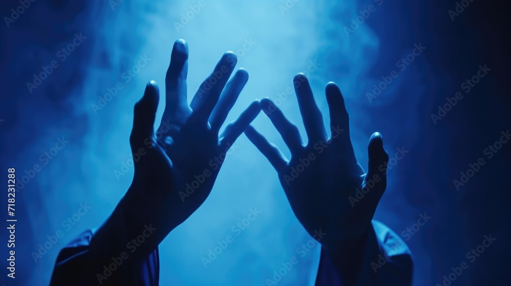 A pair of hands reaching up into the air. This image can be used to represent hope, freedom, success, or achievement.
