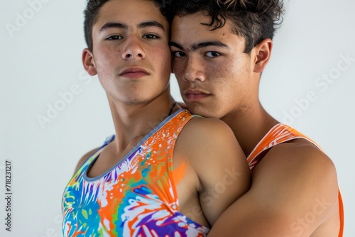 Two latino men gay couple over white background on studio