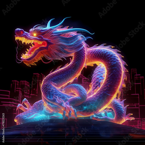 neon dragon in front of a city skyline. generative ai.