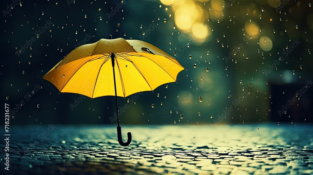 Yellow umbrella under rain against water drops splash background. Rainy weather concept.