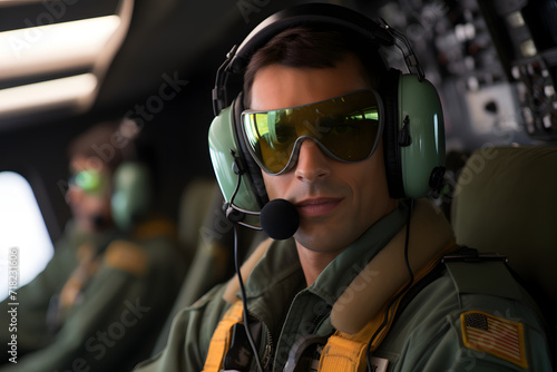 closeup portrait of young pilot holding helmet with a sky background © bravissimos