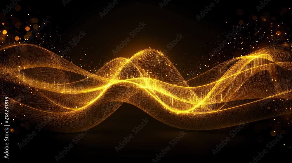 Golden energy waves moving through dark space. Fabric of space. Glowing ...