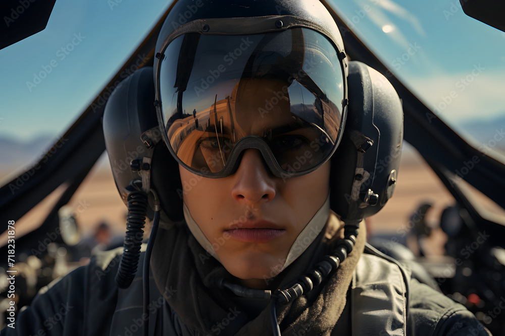 closeup portrait of young pilot holding helmet with a sky background closeup portrait of young pilot holding helmet with a sky background