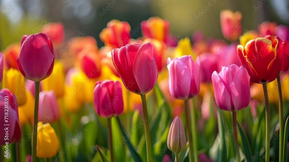 Vibrant Pink and Yellow Tulips Blanketing a Lush Field