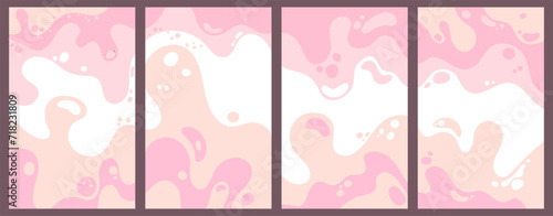 Melting ice cream or milk shake backgrounds with liquid splashes. Fluid yogurt splash backdrop set. Sweet dessert strawberry or cherry cream backgrounds for cover pages, icecream packaging. Pink white