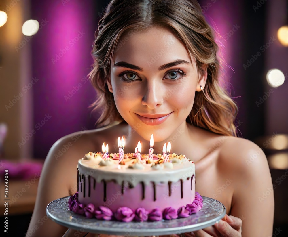Happy birthday excited cute Female celebrating and having fun at a birthday party