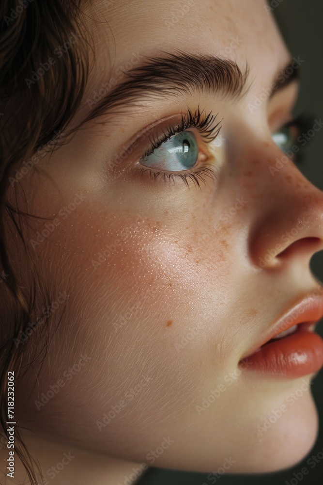 Naklejka premium A close-up shot of a woman's face with prominent freckles. This image can be used to portray natural beauty and diversity