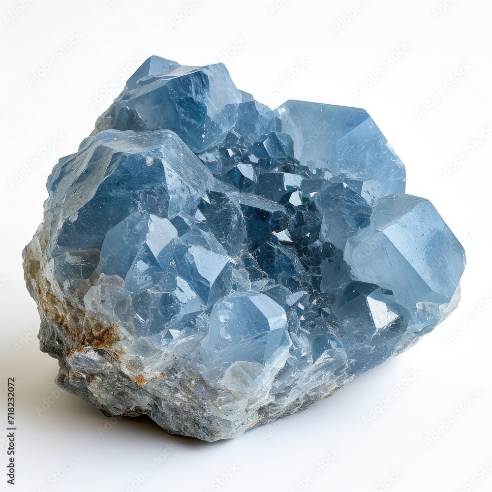 Angelite stone emanating its soft blue glow and serene energy, set on a white background
