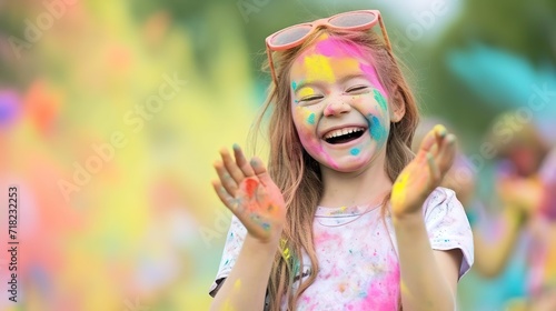 happy child at holi festival  colors of joy   vibrant celebration  youth activities  blurred colorful powder air background.