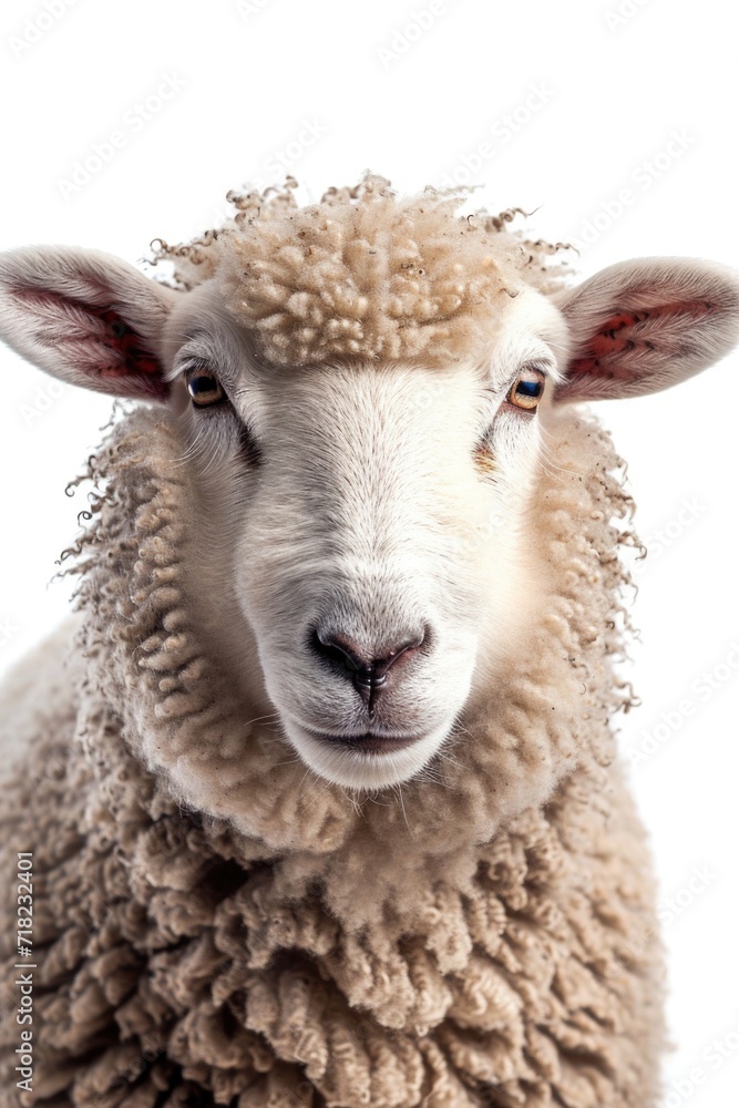 A close-up view of a sheep against a white background. This image can be used for various purposes