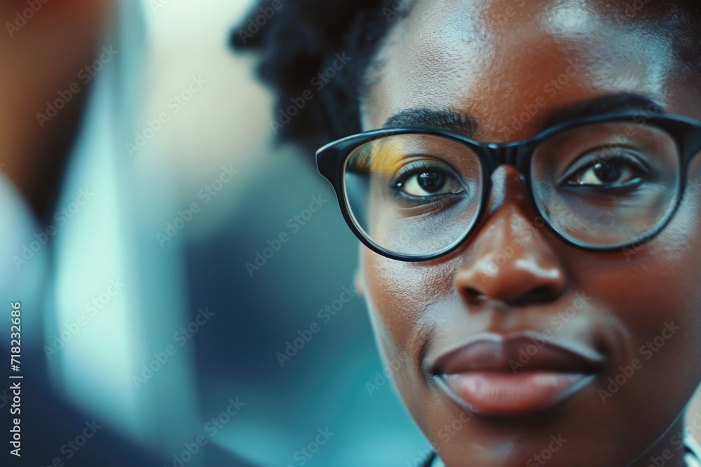 A close up shot of a person wearing glasses. This image can be used to depict intelligence, professionalism, or vision-related concepts A close up shot of a person wearing glasses. This image can be used to depict intelligence, professionalism, or vision-related concepts