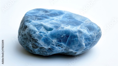 Angelite stone emanating its soft blue glow and serene energy, set on a white background