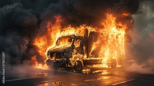 Truck Engulfed in Flames With Thick Black Smoke