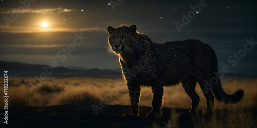 A black cheetah, cloaked in night's velvet, steals across the savannah. Its spotted coat, dusted with stardust, shimmers under the celestial gaze. 