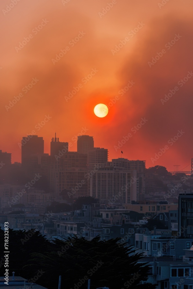 A captivating image of the sun setting over the city skyline. Perfect for adding a touch of tranquility and beauty to any project A captivating image of the sun setting over the city skyline. Perfect for adding a touch of tranquility and beauty to any project