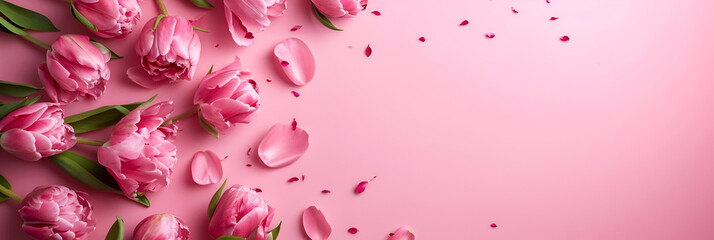 Background of pink flowers with empty space for text or greeting card design. Postcard for International Women's Day and Mother's Day. Banner.