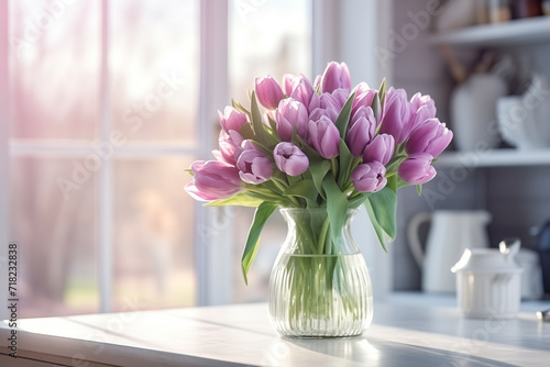 a vase with purple tulips on the kitchen table, soft morning light