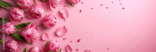 Background of pink flowers with empty space for text or greeting card design. Postcard for International Women's Day and Mother's Day. Banner.