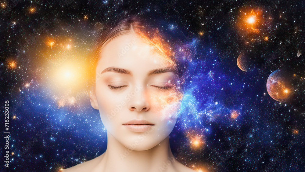 Double exposure portrait of a young woman with her eye closed with galaxy space inside her head. Inner world of a person, star fire, zen life girl love, rpa ai concept. Mystic. Esoterics.