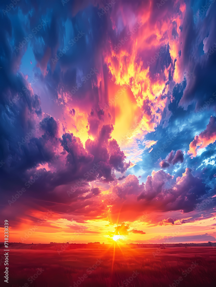 Fototapeta premium Epic colorful sky with cumulonimbus clouds at sunset. View towards the horizon. Pink colors, different shades of blue and light blue, and orange and yellow colors predominate.