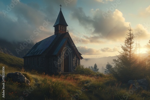 A picturesque chapel poised at a crossroads, captured in the timeless allure of classic landscape artistry generative ai