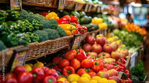 A background of a grocery market with a close-up of fresh paprika, tomatoes, and other vibrant vegetables © Matthew