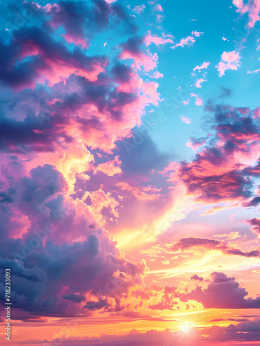 Epic colorful sky with cumulonimbus clouds at sunset. View towards the horizon. Pink colors, different shades of blue and light blue, and orange and yellow colors predominate.