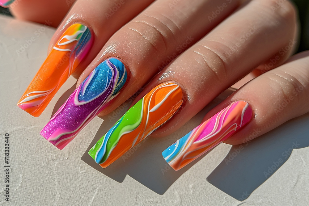 Obraz premium Manicure closeup. Woman bright nails close-up. Nail care in beauty salon. Spa healthy treatments for female hands. Fashion bright summer trendy manicure.
