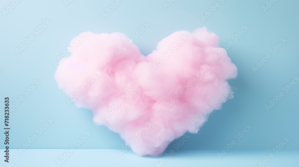 Heart shaped pink cotton on blue background