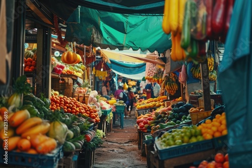 A bustling market filled with a wide variety of fresh fruits and vegetables. Perfect for food-related projects or promoting healthy eating