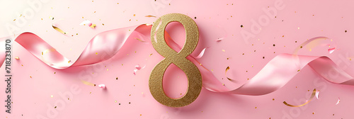 Golden number 8 on a pink background, greeting card for International Women's Day. photo