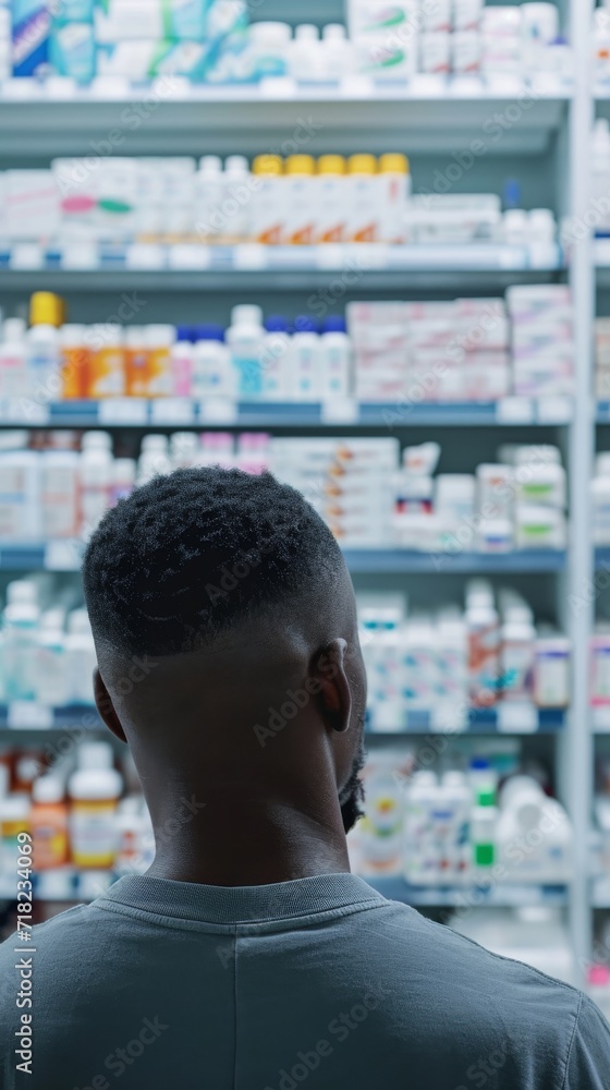 Man Standing in Front of Pharmacy Shelf Man Standing in Front of Pharmacy Shelf