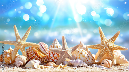 Summer photo of shells on beach.