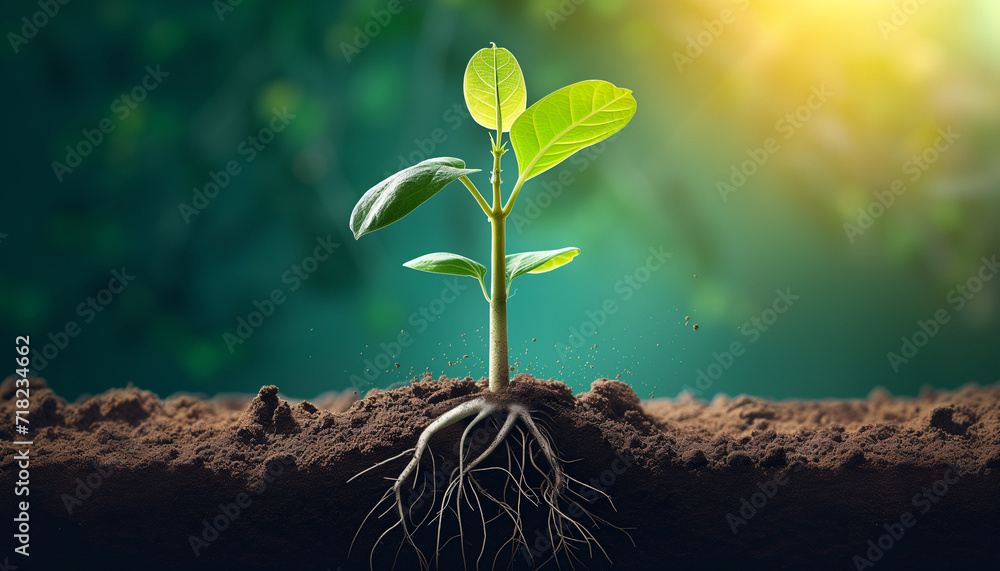 Sapling rooted in the soil reaching into the sunlight  - obrazy, fototapety, plakaty 