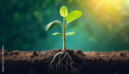 Sapling rooted in the soil reaching into the sunlight  photo
