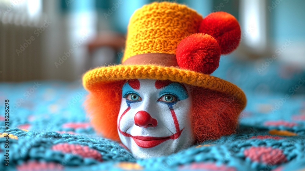 On a blue knitted blanket lies the happy head of a clown in a yellow knitted hat with red panpons