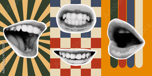 A set of posters with retro backgrounds, wavy lines. Set of halftone collage stickers with lips, teeth and mouth. Punk, rock, cool doodle elements. Retro style, vintage, 80s for banner,poster