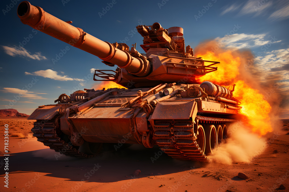 Modern tank on the battlefield, armed with a huge cannon Modern tank on the battlefield, armed with a huge cannon