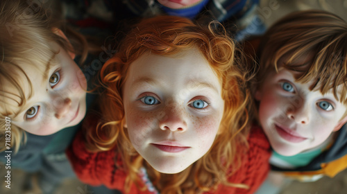 kids looking in to the camera above.Rare view kids looking in to the camera above,Kids looking directly to the camera above them,Smiling children in a circle, gazing at camera,Playful kids in an seen