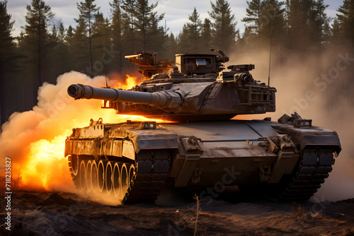 Modern tank on the battlefield, armed with a huge cannon photo