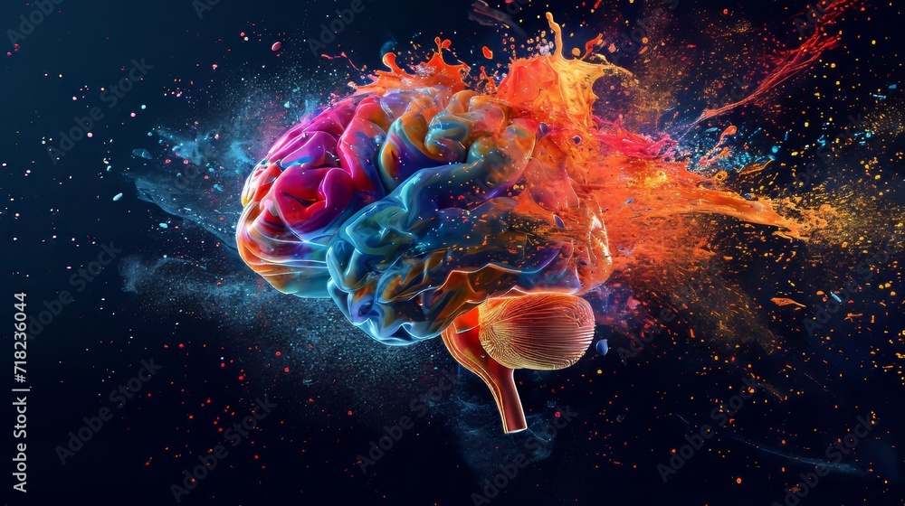Exploding Colorful Brain Model Depicting Creative Thinking and Brainstorming - obrazy, fototapety, plakaty 