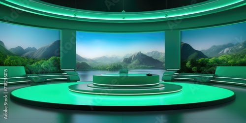 Virtual TV Show Studio Set with Green Screen. Full Shot of Modern 3D Rendering Backdrop for Gaming