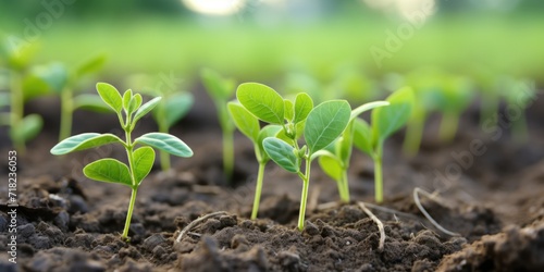 Green Growth of Soybean Plants in Cultivated Field: Small Soybean Plants Growing in Grooved Rows